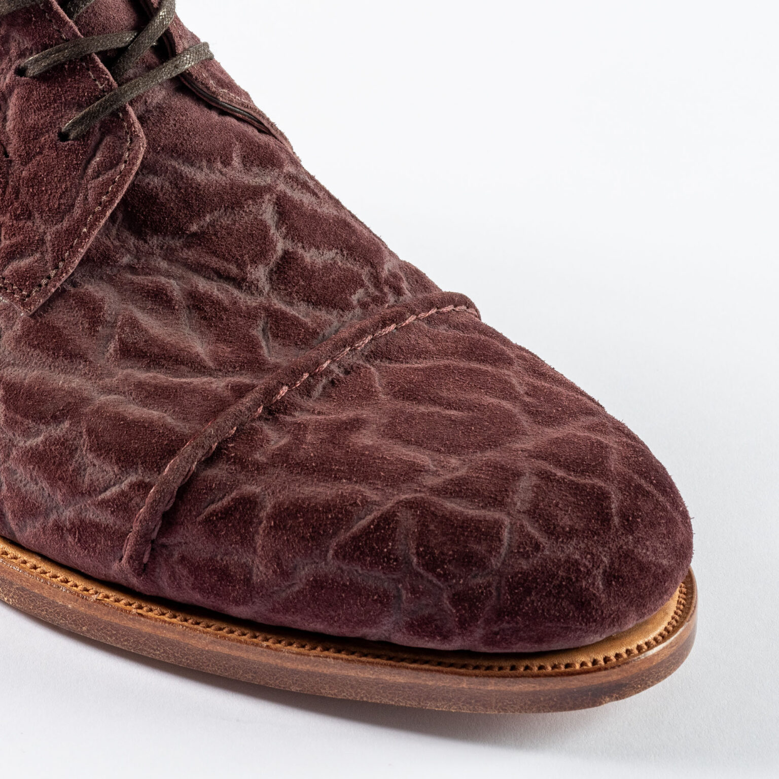 Closeup of vamp and toe of Barrack 'Stanley' WWII Boot in Dark Tobacco CF Stead Janus Calf with Edwin emboss